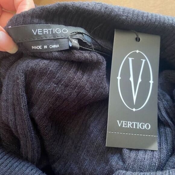 VERTIGO Cowl Neck Pleated Skirt Waist Tie Ribbed Knit Mini Dress Size M Black - Picture 13 of 16